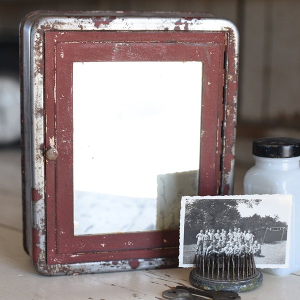 Vintage Small Medicine Cabinet with Mirror / Antique, Rust, Industrial, Metal, Red, Patina, Shelf Decor, Wall Decor