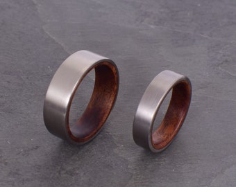 satin titanium and rosewood ring, wide band ring, wedding rings