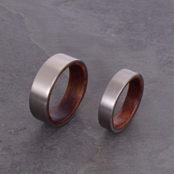 satin titanium and rosewood ring, wide band ring, wedding rings