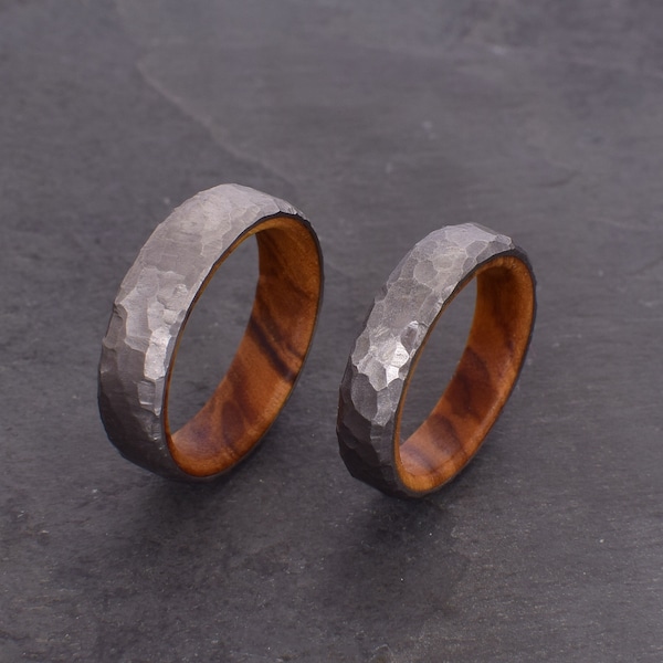 Wrought effect titanium and olive wood ring, wide band ring, wedding rings, natural ring