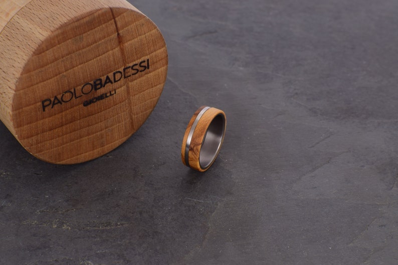 Ring in titanium and olive wood, wedding ring, satin interior and satin exterior image 5