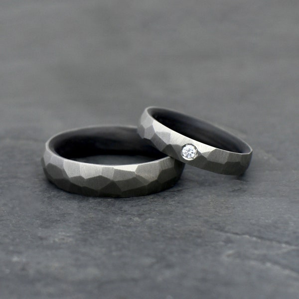 Ring aus Titan und Kohlefaser, facettierter Ring, Ehering, Ehering,