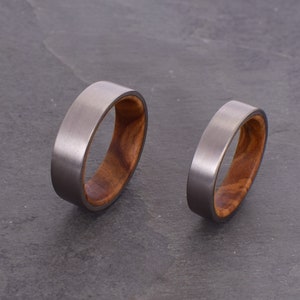 Titanium and satin olive wood ring, wide band ring, flat band