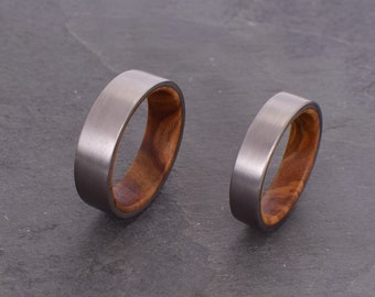 Titanium and satin olive wood ring, wide band ring, flat band
