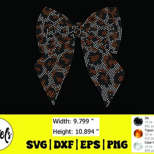 May include: A bow design with a leopard print pattern, composed of black, white, and orange dots. The bow measures 9.799 inches wide and 10.894 inches high. The image includes the text "SVG | DXF | EPS | PNG".