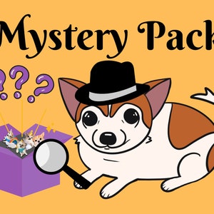 May include: A cartoon dog wearing a black hat with a white band is looking into a magnifying glass at a purple box with question marks above it. The box is open and there are small cartoon dogs inside. The background is a solid orange color.  Mystery Pack.