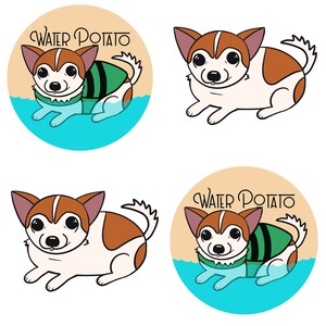 Può includere: Due illustrazioni di un cane marrone e bianco che indossa un giubbotto di salvataggio verde. Il cane sta nuotando in una piscina blu con il testo "WATER POTATO" in un cerchio intorno a lui. L'altra illustrazione mostra il cane sdraiato sulla pancia con le zampe distese.