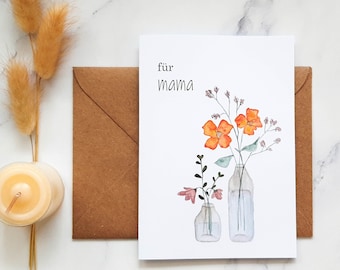 Blumen Karte für Mama, Wasserfarben Grußkarte, Karte mit Umschlag (A6), Karte zum Muttertag, Geburtstag Mutter