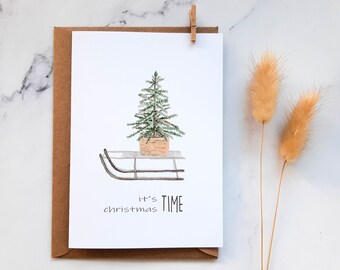 Aquarelle Weihnachts-Karte, Tannenbaum Schlitten Karte, faltbare Karte mit Umschlag (A6 Grußkarte), Fröhliche Weihnachten Geschenk