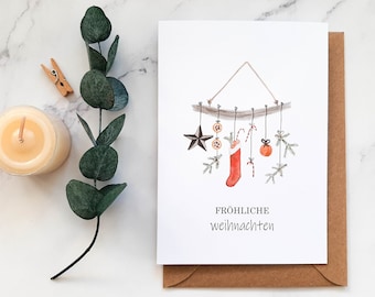 Aquarelle Weihnachts-Karte mit Weihnachts-Deko, Wasserfarben Karte, faltbare Karte mit Umschlag (A6 Grußkarte), Fröhliche Weihnachten