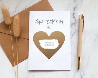 Rubbelkarte mit Herz, Gutschein für Karte, Freirubbeln mit Aufkleber, goldene Karte mit Umschlag, nachhaltige Glückwunschkarte