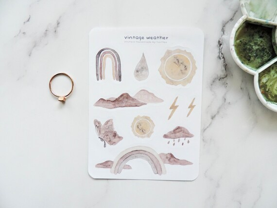 Pastel Weather Stickers, Aquarelle Sticker Sheet, Vintage Watercolour Labels, Modern Abstract Sticker, Bullet Journal ideas