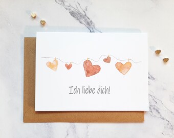 Ich liebe dich Karte, Kette von Herzen Grußkarte mit Umschlag (A6 Grußkarte), Geschenk Valentinstag Geburtstag rote Herzen Jahrestag