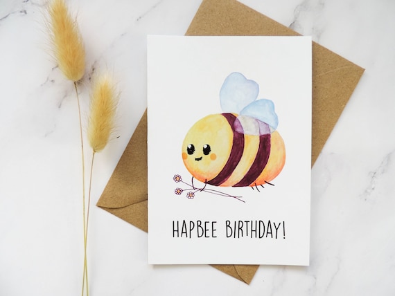 Aquarelle Geburtstags Karte mit Umschlag, Wasserfarbe HapBEE Birthday Karte, klappbare Karte  (A6 B-Day card), herzlichen Glückwunsch Karte