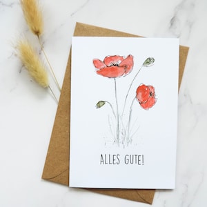 Congratulation Card, Flower card with poppies, card with envelope (A6 card), German card for friend or family