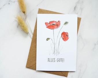 Mohnblumen Karte, Wasserfarben Grußkarte, Karte mit Umschlag (A6), Alles Gute Karte