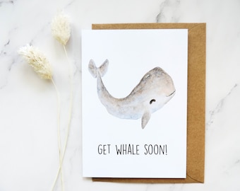 Get Whale Soon Karte, Gute Besserung Idee, sorgen und kümmern karte, Geschenk, Wasserfarben Wal Kunst