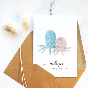 Aquarelle Liebes Karte mit Umschlag, Wasserfarbe Oktopus Karte, klappbare Karte (A6 B-Day-kaart), für Freundin, für Freund