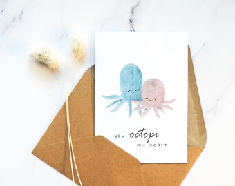 Aquarelle Liebes Karte mit Umschlag, Wasserfarbe Oktopus Karte, klappbare Karte  (A6 B-Day card), für Freundin, für Freund