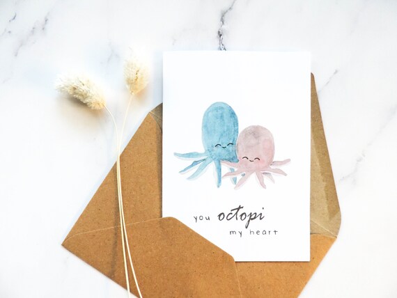 Aquarelle Liebes Karte mit Umschlag, Wasserfarbe Oktopus Karte, klappbare Karte  (A6 B-Day card), für Freundin, für Freund