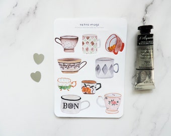 Mug Sticker Sheet, Retro cup sticker, coffee and tea stickers, bullet journal decals