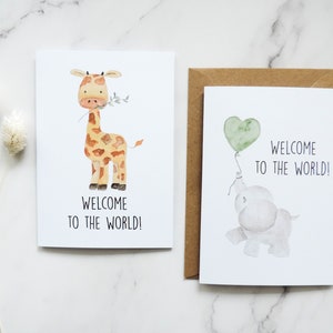 Aquarelle Baby Card, watercolour birth card, elephant, giraffe, foldable card with envelope (A6 B-Day cardboard) welcome card newborn