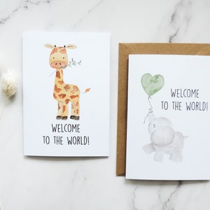 Aquarelle babykaart, aquarel geboortekaart, olifant, giraf, opvouwbare kaart met envelop (A6 B-Day-karton) welkomstkaart pasgeboren