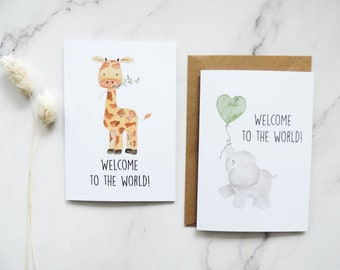 Aquarelle Baby Card, watercolour birth card, elephant, giraffe, foldable card with envelope (A6 B-Day cardboard) welcome card newborn