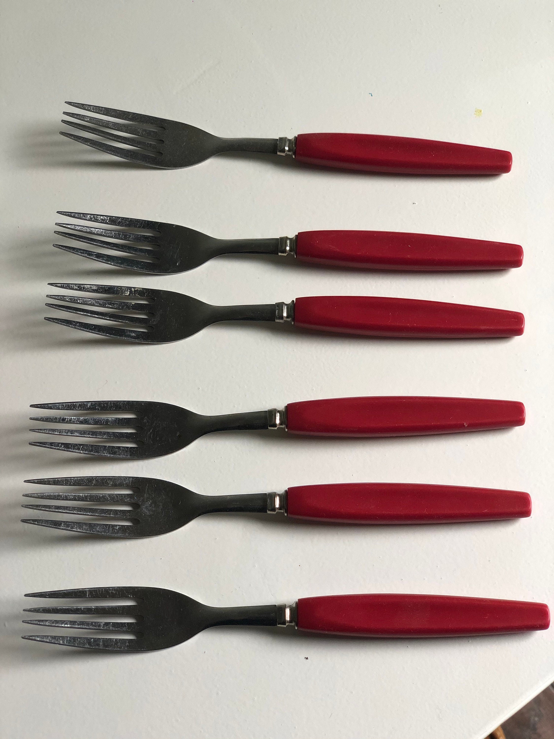 Vintage Plastic Red Handle Stainless Flatware Etsy