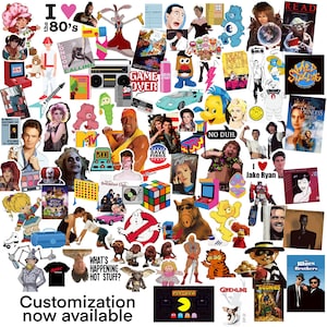 May include: A collage of 1980s pop culture icons, including characters from movies, TV shows, and toys. The collage features images of characters like Ghostbusters, Care Bears, Gremlins, and The Goonies. The text "I &hearts; the 80's" is at the top of the collage.