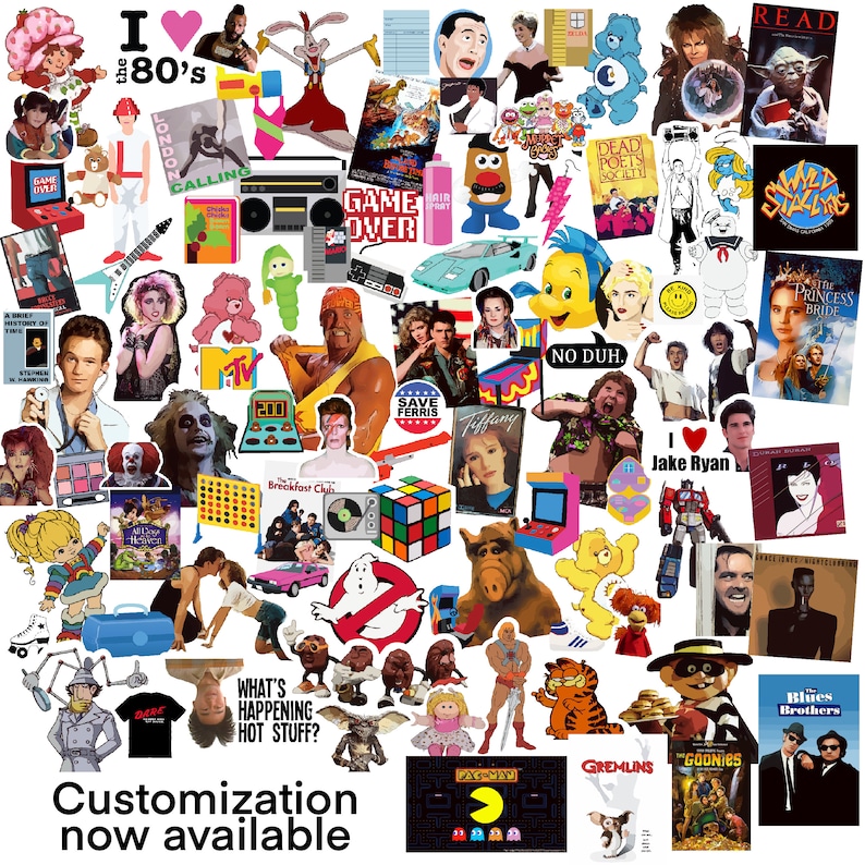 May include: A collage of 1980s pop culture icons, including characters from movies, TV shows, and toys. The collage features images of characters like Ghostbusters, Care Bears, Gremlins, and The Goonies. The text "I &hearts; the 80's" is at the top of the collage.