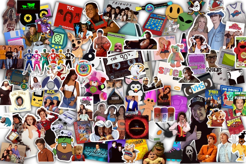 Puede incluir: Un collage de im&aacute;genes y texto que representa la cultura popular de la d&eacute;cada de 1990. El collage incluye im&aacute;genes de celebridades, personajes de dibujos animados, juguetes y logotipos. Algunos de los textos incluyen "The 90's", "Spice Girls", "Titanic", "AOL", "Dr. Dre", "Friends", "TLC", "VHS", "Squints", "No Doubt", "Flubb" y "Soulja Boy".