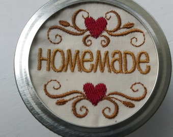 Mason jar cover, Homemade mason jar lid cover. Ball jar top. Canning jar cover. Set of six.Machine embroidered mason jar covers.