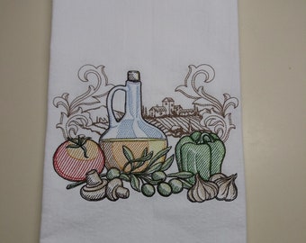 Tuscan still life machine embroidered flour sack towel, still life towel,Italian foods towel.