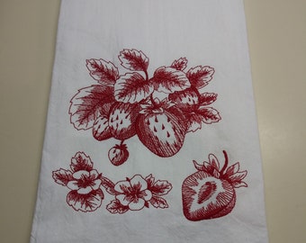 Strawberry botanical towel. Embroidered strawberry towel. Strawberry toile towel.