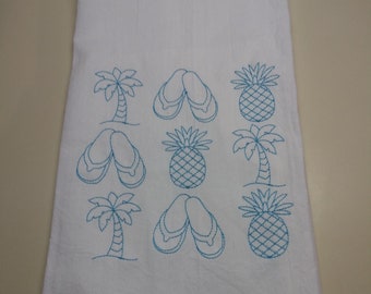 Flip flops ,palm trees and pineapple embroidered flour sack towel