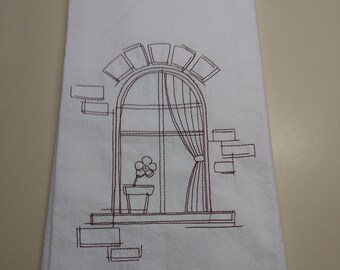 Window scene embroidered flour sack towel