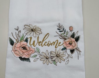 Welcome Towel, floral welcome towel, housewarming flour sack towel