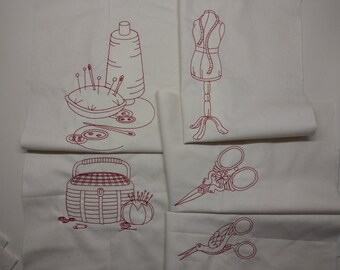 Sewing notions themed quilt blocks,set of five, red work