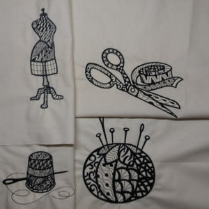 May include: Four black and white illustrations of sewing supplies on a white background. The illustrations include a dress form, a pair of scissors, a spool of thread, and a pincushion.