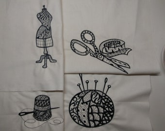 Sewing notions theme embroidered quilt blocks,set of four, blackwork, dress form, scissors,thimble, pincushion