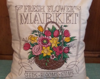 Flower Market pillow. Floral pillow. Machine embroidered flower market pillow.