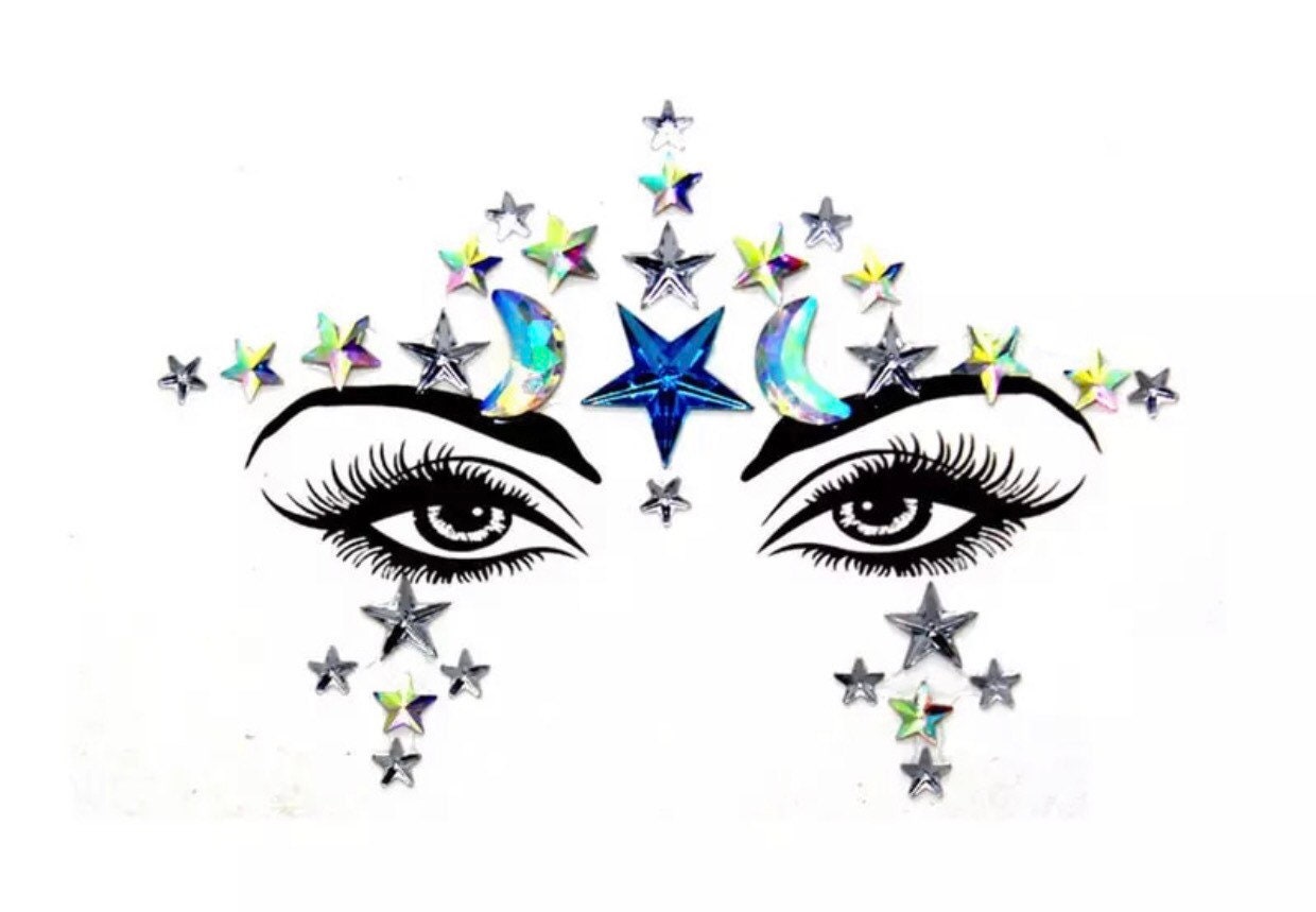 Wosois Star Face Stickers Crystdl Face Jewels Rhinestone Silver Rave Party  Accessories for Women and Girls (A)