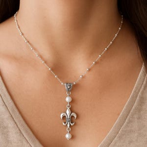 Fleur De Lis Pearl Handmade Necklace on a Sterling Silver Chain