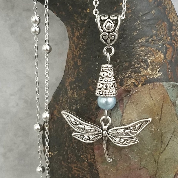 Dragonfly Necklace Handmade On A Sterling Silver Chain With A Light Blue Glass Round Bead Accent