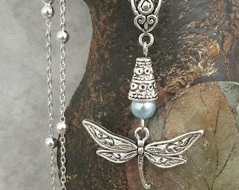 Dragonfly Necklace Handmade On A Sterling Silver Chain With A Light Blue Glass Round Bead Accent