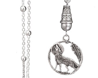 Sterling Silver Chain Handmade Howling Wolf Necklace Gray Glass Round Bead Accent