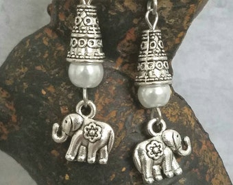 Elephant Earrings Handmade Tiny Double Sided Charms On Stainless Steel Ear Wires With White Glass Round Bead Accents