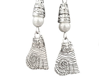 Double Sided Cat Handmade Highly Detailed Charm Earrings On Stainless Steel Ear Wires White Glass Round Bead Accent