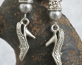High Heel Shoe Handmade Earrings On Stainless Steel Ear Wires Light Gray Glass Round Bead Accent